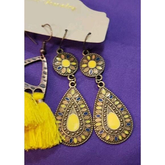 Three Pairs Dangle Earrings BOHO Western Style Yellow & Bronze Tone - Picture 4 of 11